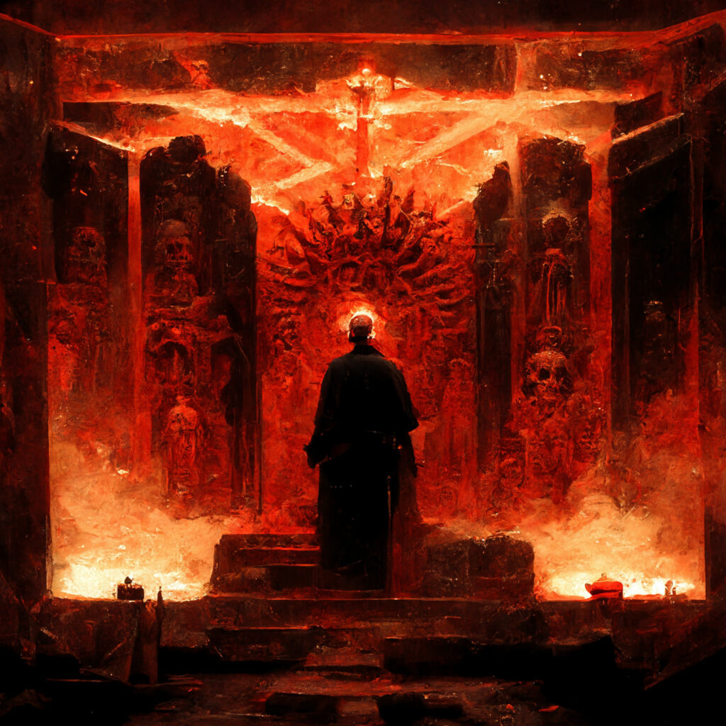 Hellraiser Hellpriest before an altar to pleasure and pain.