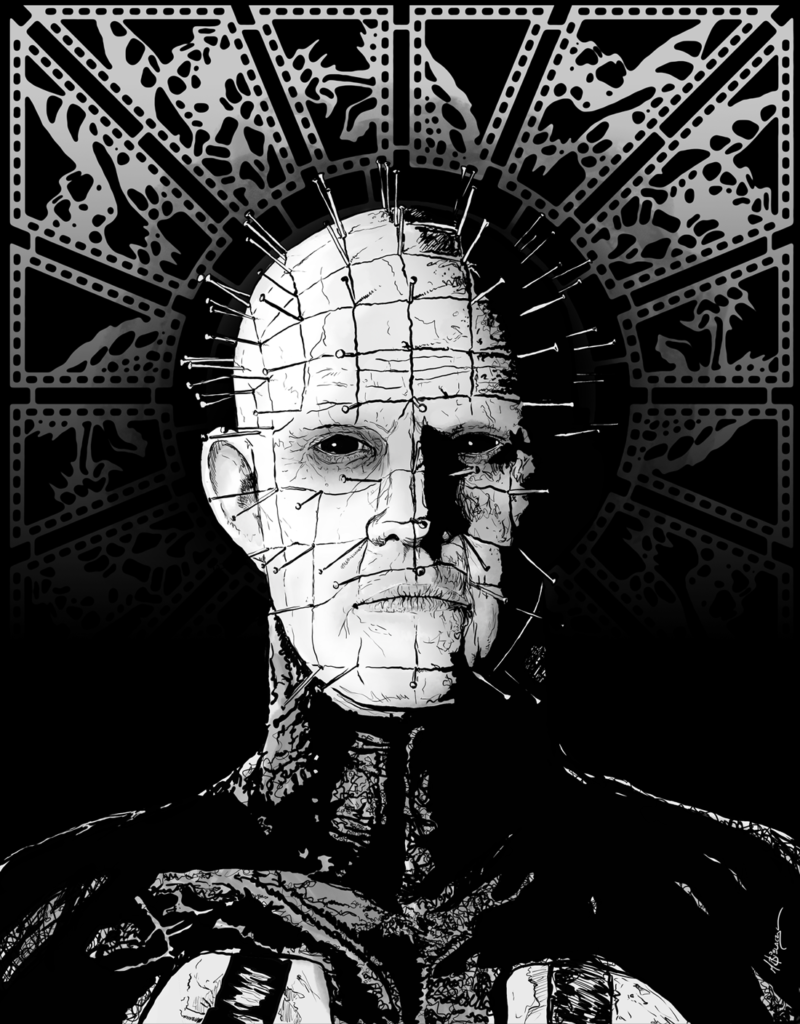 Hellraiser hellpriest Pinhead in front of the lament configuration.
