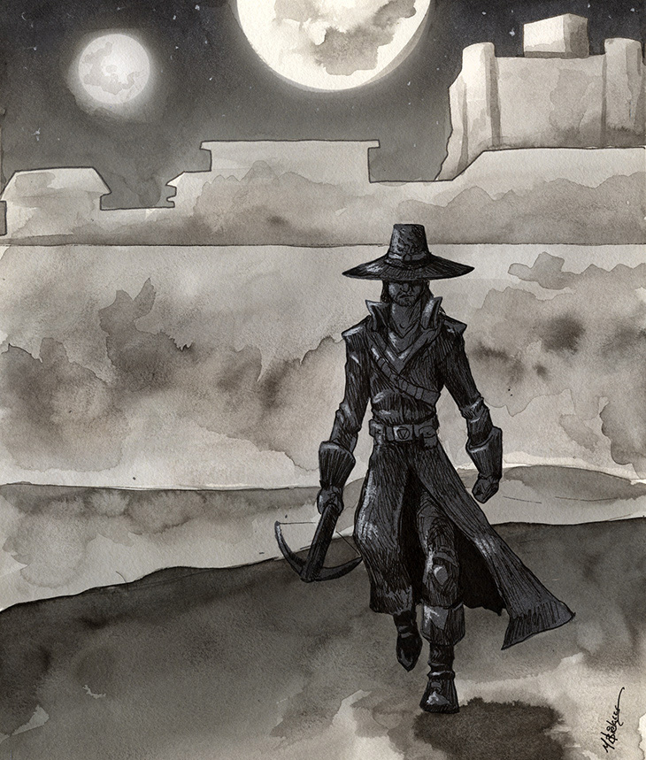 Onward, a witch hunter strides out of town.