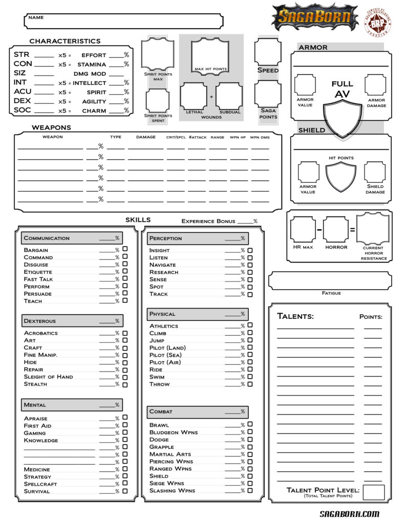 SagaBorn D100 Character Sheet or BRP Character Sheet