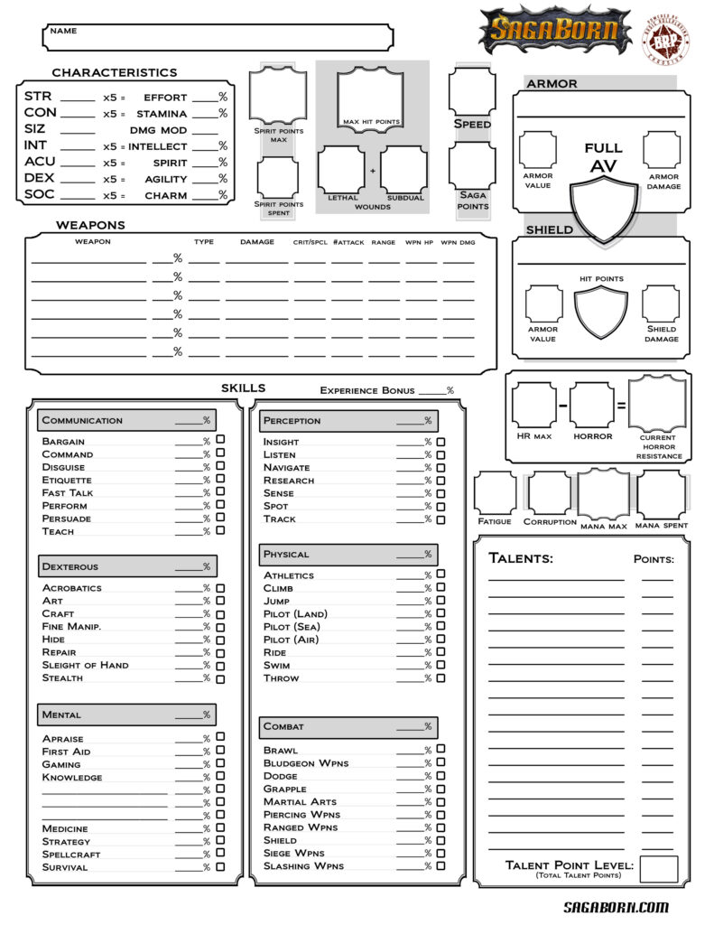 SagaBorn D100 Mage Character Sheet or BRP Character Sheet